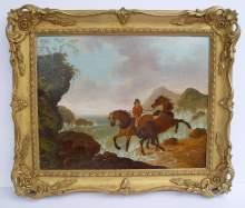 John Harwood, Reiter mit zwei Pferden in stürmischer Brandung. Beautiful antique oil painting, signed JHarwood and dated 1828. Rider with two horses on the coast.