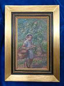 Suzanne Aufray- Genestoux, altes Gemälde, "Mädchen mit Korb unter einem Apfelbaum", Frankreich 1941.  precious vintage impressionistic painting, "Young girl with basket under an appel tree", France 1941.