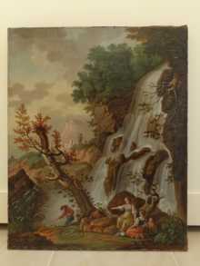Antique oil painting, a fine landscape with waterfall & travellers, dated about 1780.