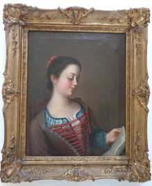 Antique painting, fine portrait of Mademoiselle Lavergne reading a letter.