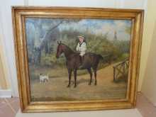 Beautiful antique painting, a lovely boy with his horse and little dog in a park, dated about 1915.