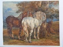 Grosses, antikes Aquarell, Verliebte Pferde, von Emile de PAVANT (1810-1898).
