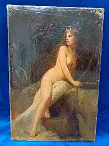 Antikes Gemälde, Diana Göttin der Jagd, Frankreich 19. Jahrhundert.